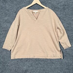 Purejill Petite Size XL Top Tan Organic Cotton Split Neck Minimalist 3/4 Sleeves